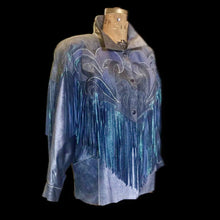 Load image into Gallery viewer, 1980S 90s Fringe Leather Jacket Coat Cowgirl Iridescent Southwestern Swarovski Crystal Mermaid Colors Made in Paris France L-XL