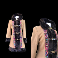 Load image into Gallery viewer, 60’s Vintage Coat Camel Faux Fur Embroidered Rainbow Trim