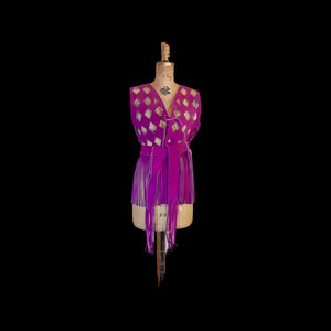 70s Suede Couture Magenta Pink Fringe Cutout Vest, Belt, and Purse Set Flexible Size