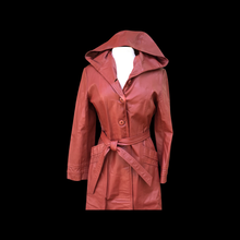 Load image into Gallery viewer, 70’s Hooded Leather Trench Spy Fit Flare Orange Brown Coat