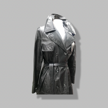 Load image into Gallery viewer, 70’s Vintage Black Leather Trench Coat Spy Montgomery Ward