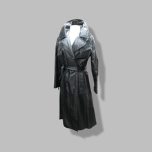 Load image into Gallery viewer, 70’s Vintage Black Leather Trench Coat Spy Montgomery Ward