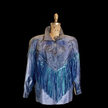 Load image into Gallery viewer, 1980S 90s Fringe Leather Jacket Coat Cowgirl Iridescent Southwestern Swarovski Crystal Mermaid Colors Made in Paris France L-XL