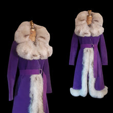 Load image into Gallery viewer, Vintage Women's Coat- Purple Suede 70s Silver Fox Fur Trimmed Princess Pinup Hippy Coat Afghan Penny Lane Almost Famous
