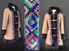 Load image into Gallery viewer, 60’s Vintage Coat Camel Faux Fur Embroidered Rainbow Trim