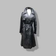 Load image into Gallery viewer, 70’s Vintage Black Leather Trench Coat Spy Montgomery Ward