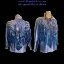 Load image into Gallery viewer, 1980S 90s Fringe Leather Jacket Coat Cowgirl Iridescent Southwestern Swarovski Crystal Mermaid Colors Made in Paris France L-XL