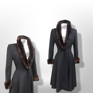 50’s 60’s Vintage Wool Gray Princess Coat with Sheared Beaver Collar and Cuffs