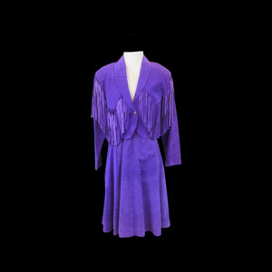 80’s Purple Suede Fringe Jacket and Skirt Set Cowgirl Glam