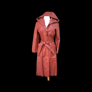 70’s Hooded Leather Trench Spy Fit Flare Orange Brown Coat