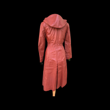 Load image into Gallery viewer, 70’s Hooded Leather Trench Spy Fit Flare Orange Brown Coat