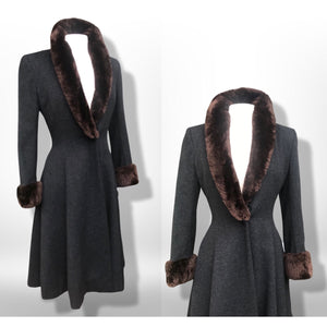 50’s 60’s Vintage Wool Gray Princess Coat with Sheared Beaver Collar and Cuffs