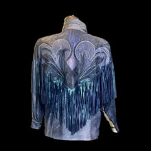 Load image into Gallery viewer, 1980S 90s Fringe Leather Jacket Coat Cowgirl Iridescent Southwestern Swarovski Crystal Mermaid Colors Made in Paris France L-XL