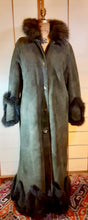 Load image into Gallery viewer, Vintage Coat-Green Suede Sheepskin Shearling Afghan Fox Fur Full Length Full Sweep M/L/XL Cozy Coat Fairy Princess Penny Lane Almost Famous
