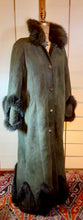 Load image into Gallery viewer, Vintage Coat-Green Suede Sheepskin Shearling Afghan Fox Fur Full Length Full Sweep M/L/XL Cozy Coat Fairy Princess Penny Lane Almost Famous