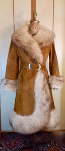 Women's Vintage Coat-60s 70s Rust Suede Leather and Fox Fur Trim Princess Coat Fit and Flare Penny Lane Boho