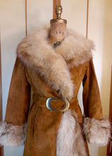 Load image into Gallery viewer, Women&#39;s Vintage Coat-60s 70s Rust Suede Leather and Fox Fur Trim Princess Coat Fit and Flare Penny Lane Boho