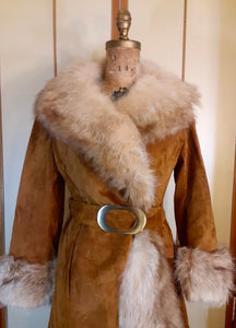 Women's Vintage Coat-60s 70s Rust Suede Leather and Fox Fur Trim Princess Coat Fit and Flare Penny Lane Boho