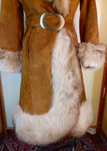 Load image into Gallery viewer, Women&#39;s Vintage Coat-60s 70s Rust Suede Leather and Fox Fur Trim Princess Coat Fit and Flare Penny Lane Boho
