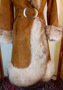 Women's Vintage Coat-60s 70s Rust Suede Leather and Fox Fur Trim Princess Coat Fit and Flare Penny Lane Boho