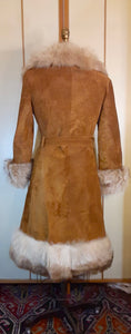 Women's Vintage Coat-60s 70s Rust Suede Leather and Fox Fur Trim Princess Coat Fit and Flare Penny Lane Boho