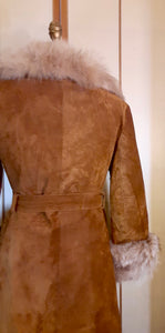 Women's Vintage Coat-60s 70s Rust Suede Leather and Fox Fur Trim Princess Coat Fit and Flare Penny Lane Boho
