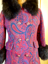 Load image into Gallery viewer, 60s Vintage Women&#39;s Coat-- Paisley Tapestry Wool Magenta Pink Red Purple Blue Peacoat Fox Fur Collar Fall Winter Classic Career/Special