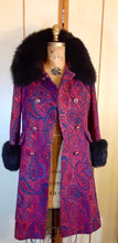 Load image into Gallery viewer, 60s Vintage Women&#39;s Coat-- Paisley Tapestry Wool Magenta Pink Red Purple Blue Peacoat Fox Fur Collar Fall Winter Classic Career/Special