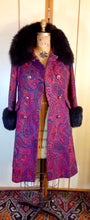 Load image into Gallery viewer, 60s Vintage Women&#39;s Coat-- Paisley Tapestry Wool Magenta Pink Red Purple Blue Peacoat Fox Fur Collar Fall Winter Classic Career/Special