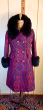 Load image into Gallery viewer, 60s Vintage Women&#39;s Coat-- Paisley Tapestry Wool Magenta Pink Red Purple Blue Peacoat Fox Fur Collar Fall Winter Classic Career/Special