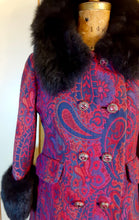 Load image into Gallery viewer, 60s Vintage Women&#39;s Coat-- Paisley Tapestry Wool Magenta Pink Red Purple Blue Peacoat Fox Fur Collar Fall Winter Classic Career/Special