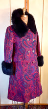 Load image into Gallery viewer, 60s Vintage Women&#39;s Coat-- Paisley Tapestry Wool Magenta Pink Red Purple Blue Peacoat Fox Fur Collar Fall Winter Classic Career/Special