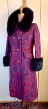 Load image into Gallery viewer, 60s Vintage Women&#39;s Coat-- Paisley Tapestry Wool Magenta Pink Red Purple Blue Peacoat Fox Fur Collar Fall Winter Classic Career/Special