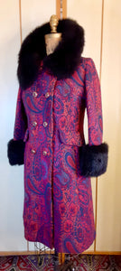 60s Vintage Women's Coat-- Paisley Tapestry Wool Magenta Pink Red Purple Blue Peacoat Fox Fur Collar Fall Winter Classic Career/Special