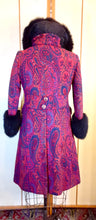 Load image into Gallery viewer, 60s Vintage Women&#39;s Coat-- Paisley Tapestry Wool Magenta Pink Red Purple Blue Peacoat Fox Fur Collar Fall Winter Classic Career/Special