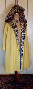 Women's Vintage Coat- 50's 60s Swing Wool Yellow Mustard Leopard Printed Hooded Princess Coat Pinup Flexible Size