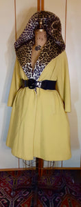 Women's Vintage Coat- 50's 60s Swing Wool Yellow Mustard Leopard Printed Hooded Princess Coat Pinup Flexible Size