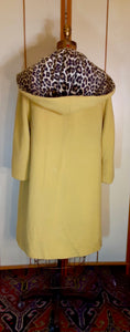 Women's Vintage Coat- 50's 60s Swing Wool Yellow Mustard Leopard Printed Hooded Princess Coat Pinup Flexible Size