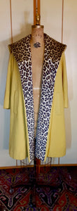 Women's Vintage Coat- 50's 60s Swing Wool Yellow Mustard Leopard Printed Hooded Princess Coat Pinup Flexible Size