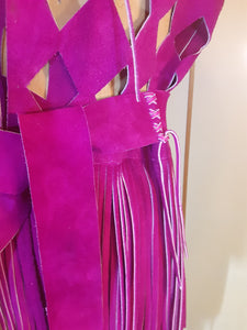 70s Suede Couture Magenta Pink Fringe Cutout Vest, Belt, and Purse Set Flexible Size