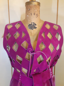 70s Suede Couture Magenta Pink Fringe Cutout Vest, Belt, and Purse Set Flexible Size