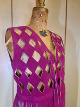 Load image into Gallery viewer, 70s Suede Couture Magenta Pink Fringe Cutout Vest, Belt, and Purse Set Flexible Size