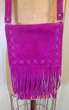 Load image into Gallery viewer, 70s Suede Couture Magenta Pink Fringe Cutout Vest, Belt, and Purse Set Flexible Size