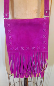 70s Suede Couture Magenta Pink Fringe Cutout Vest, Belt, and Purse Set Flexible Size