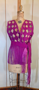 70s Suede Couture Magenta Pink Fringe Cutout Vest, Belt, and Purse Set Flexible Size