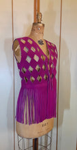 Load image into Gallery viewer, 70s Suede Couture Magenta Pink Fringe Cutout Vest, Belt, and Purse Set Flexible Size