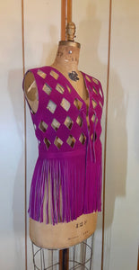 70s Suede Couture Magenta Pink Fringe Cutout Vest, Belt, and Purse Set Flexible Size