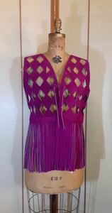 70s Suede Couture Magenta Pink Fringe Cutout Vest, Belt, and Purse Set Flexible Size