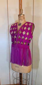 70s Suede Couture Magenta Pink Fringe Cutout Vest, Belt, and Purse Set Flexible Size