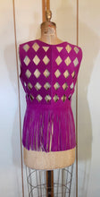 Load image into Gallery viewer, 70s Suede Couture Magenta Pink Fringe Cutout Vest, Belt, and Purse Set Flexible Size